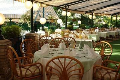 Budapest - Grand Hotel Margitsziget - Terrasse des beliebten eleganten Hotels auf der Margareteninsel, in Budapest, Ungarn - ✔️ ENSANA Grand Hotel Margitsziget**** Budapest - Billige Hotel in Margitsziget Budapest, Ungarn